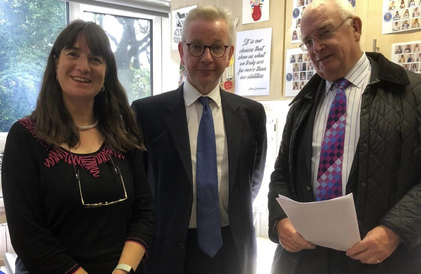  Pictured, Michael Gove MP with Cllr Richard Tear and Mrs Ezzard, Headteacher at Windlesham Village Infant School