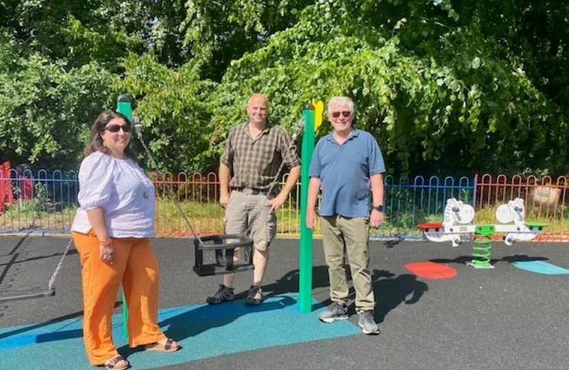 Pictured, Cllr James Harris, Cllr Katia Malcaus Cooper, and Cllr Alf Turner at the new playground on Lightwater recreation ground