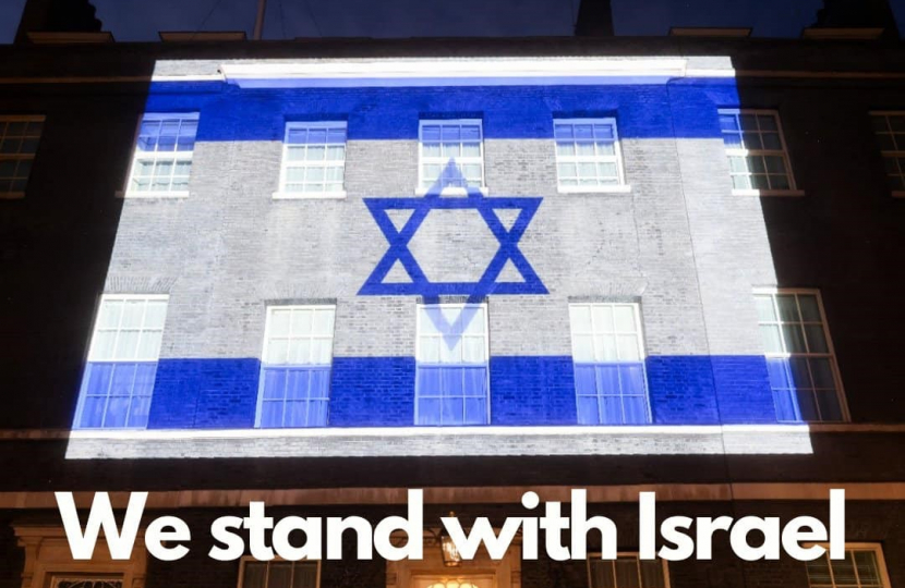 The Israeli flag illuminated on 10 Downing Street