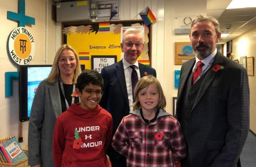 Pictured, Michael Gove MP at Hall Grove School in Bagshot, Carwarden House School in Camberley, and Holy Trinity C of E Primary School in West End