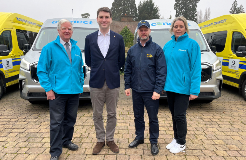 Pictured, Cllr Matt Furniss with the new electric Surrey Connect buses