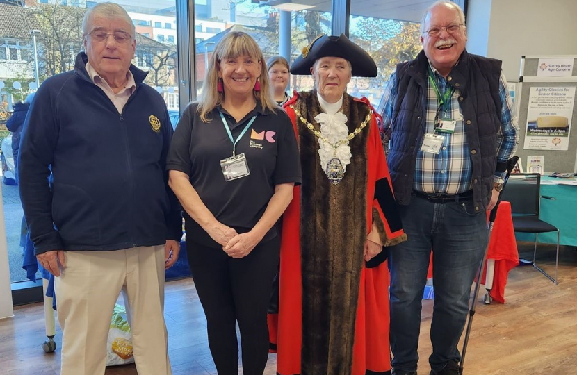Pictured, Cllrs Trefor Hogg and Sinéad Mooney alongside the Mayor of Surrey Heath, Cllr Pat Tedder, and members of Surrey Heath Age Concern