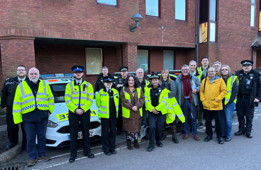Pictured, Cllr Josh Thorne alongside the Neighbourhood Team, Surrey Police Specials, Cadets, Surrey Heath Borough Council officers, and Neighbourhood Watch