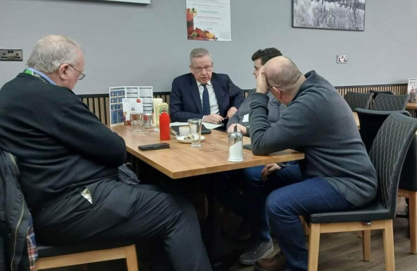 Pictured, Michael Gove MP with Cllrs Lewis Mears, Trefor Hogg and Shaun Garrett, alongside owners of the Family Cafe, Dean Parade