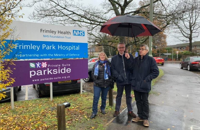 Pictured, Michael Gove MP with Cllrs Edward and Josephine Hawkins at Frimley Park Hospital