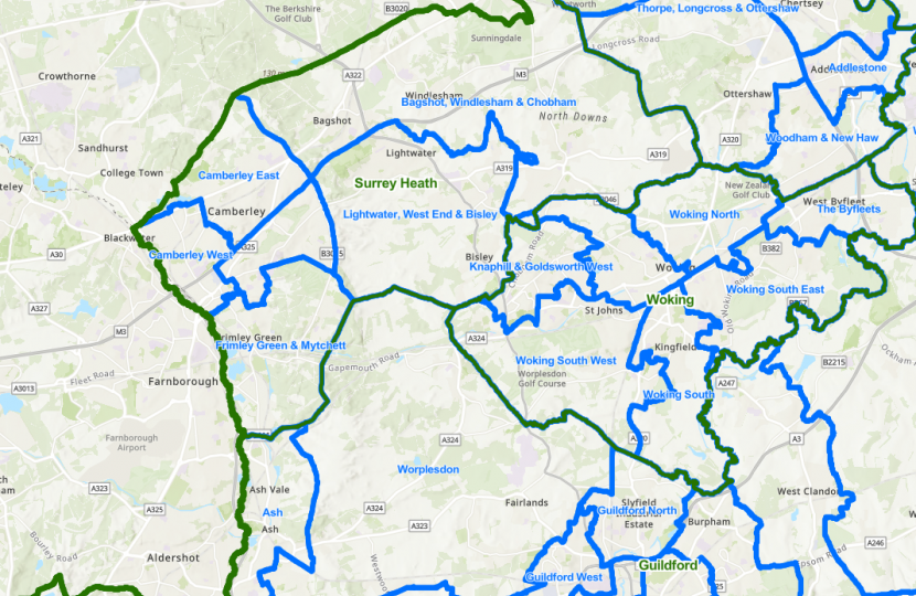 Existing divisions for Surrey County Council in Surrey Heath