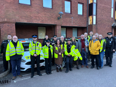 Pictured, Cllr Josh Thorne alongside the Neighbourhood Team, Surrey Police Specials, Cadets, Surrey Heath Borough Council officers, and Neighbourhood Watch